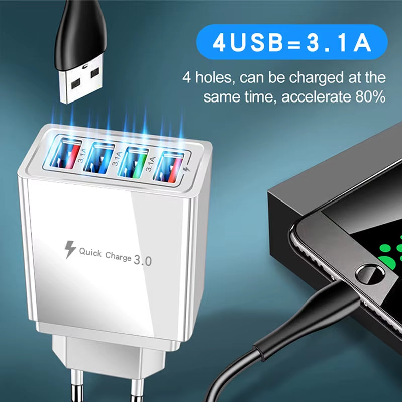 4-Port 3.1A USB Wall Charger Quick Charge QC 3.0 – Fast Charging Adapter for iPhone 14, 15 Pro, Huawei, Samsung & Multiple USB Devices