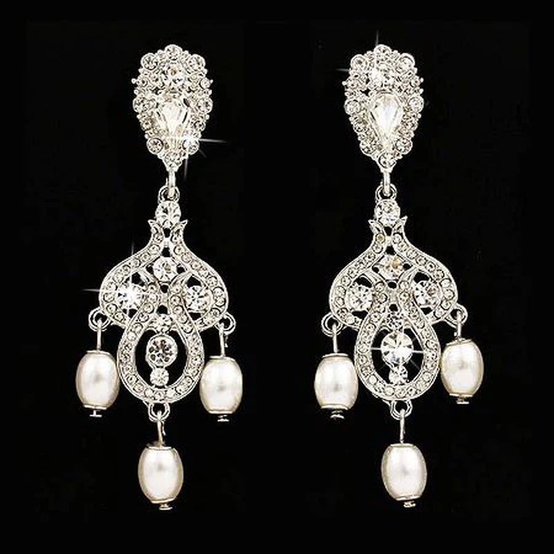 Elegant Crystal Rhinestone Pearl Vintage Dangle Earrings - White Bridal Jewelry