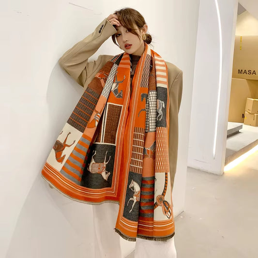 Winter Cashmere Scarf Women Luxury Horse Print Female Shawl Wrap Scarves Lady Thick Warm Blanket Gift Echarpe Pashmina