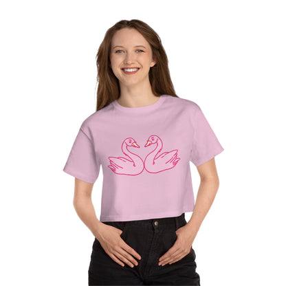 Cropped T-Shirt with Pink Swans Design - Stylish Women’s Spring Top