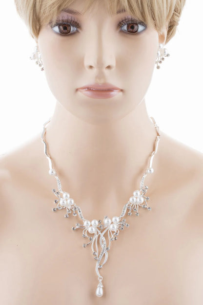 Crystal Rhinestone Pearl Bridal Jewelry Set - Floral Vine Design Necklace & Earrings