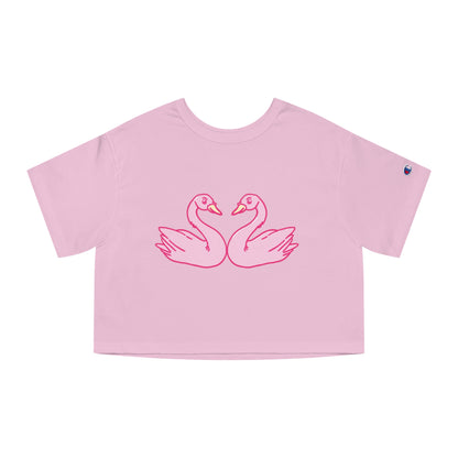 Cropped T-Shirt with Pink Swans Design - Stylish Women’s Spring Top