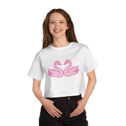 Cropped T-Shirt with Pink Swans Design - Stylish Women’s Spring Top