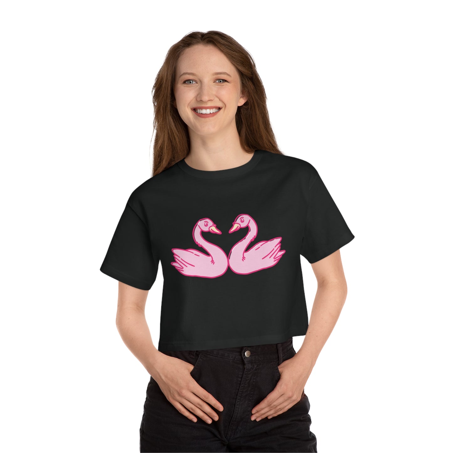 Cropped T-Shirt with Pink Swans Design - Stylish Women’s Spring Top