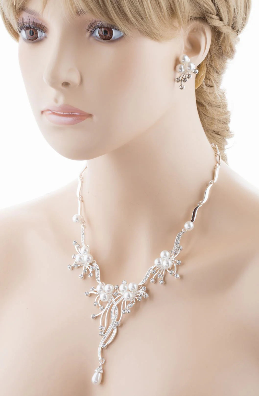 Crystal Rhinestone Pearl Bridal Jewelry Set - Floral Vine Design Necklace & Earrings