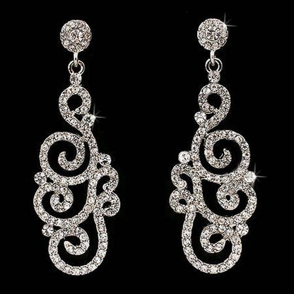 Elegant Bridal Wedding Crystal Rhinestone Swirl Vintage Dangle Earrings - Silver