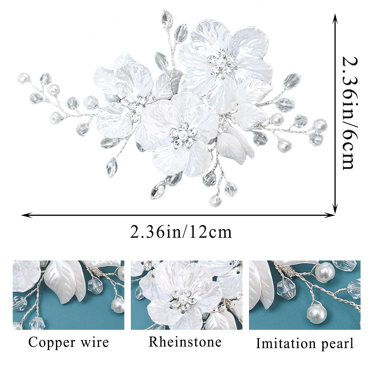 3 PCS Pearl Flower Wedding Hair Clips – Rhinestone Bridal Crystal Barrettes, Floral Leaf Vine Headpiece Hair Accessories for Women & Girls (Silver)