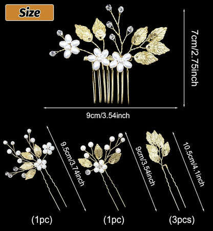 Gold Leaf Bridal Hair Comb & 5 Wedding Hair Pins – Crystal Pearl Floral Headpiece, Vintage Hair Jewelry for Brides, Bridesmaids, Women & Girls