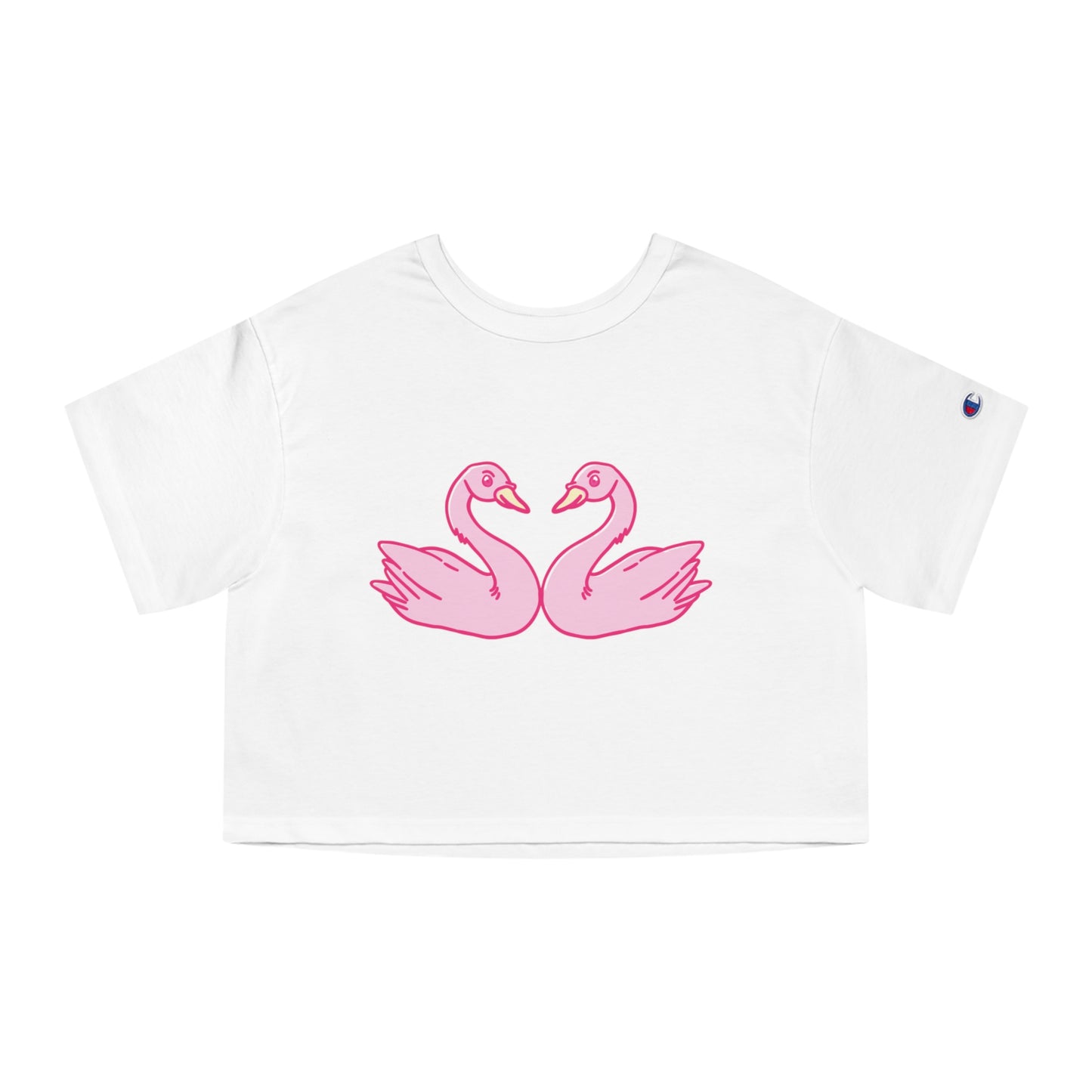 Cropped T-Shirt with Pink Swans Design - Stylish Women’s Spring Top