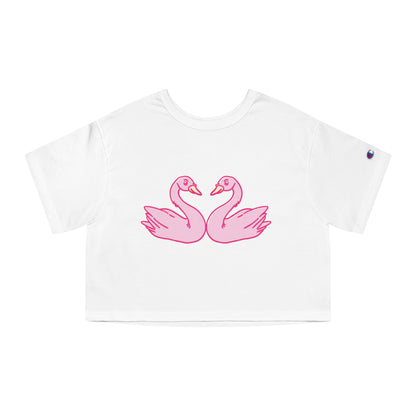 Cropped T-Shirt with Pink Swans Design - Stylish Women’s Spring Top