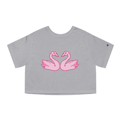 Cropped T-Shirt with Pink Swans Design - Stylish Women’s Spring Top