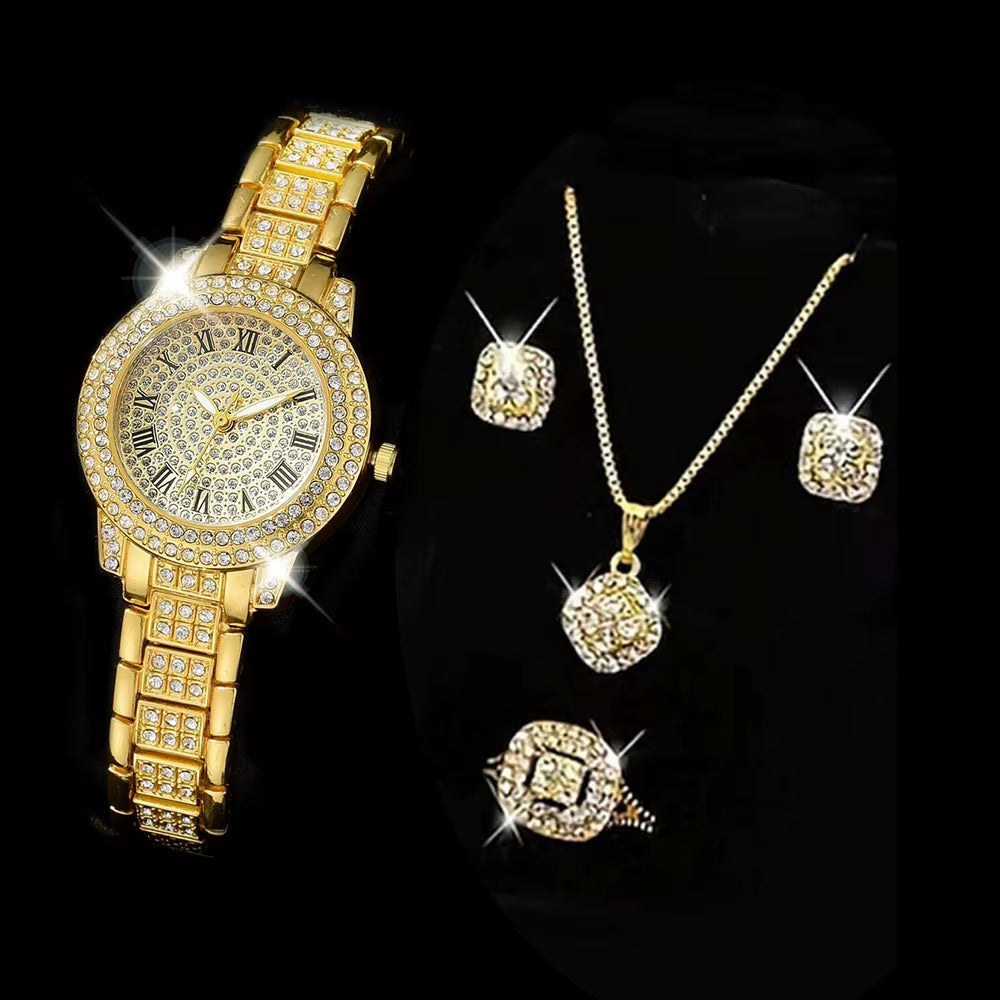 Luxury Women's Gold Watch – Fashionable Quartz Diamond Wristwatch, Elegant Bracelet Watch Set for Ladies