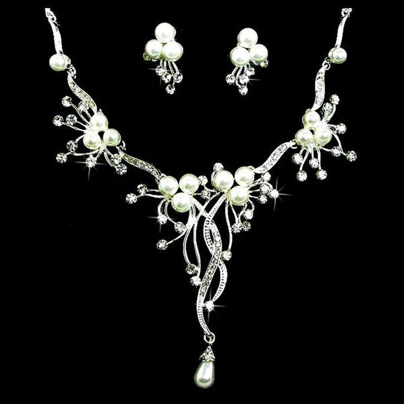 Crystal Rhinestone Pearl Bridal Jewelry Set - Floral Vine Design Necklace & Earrings