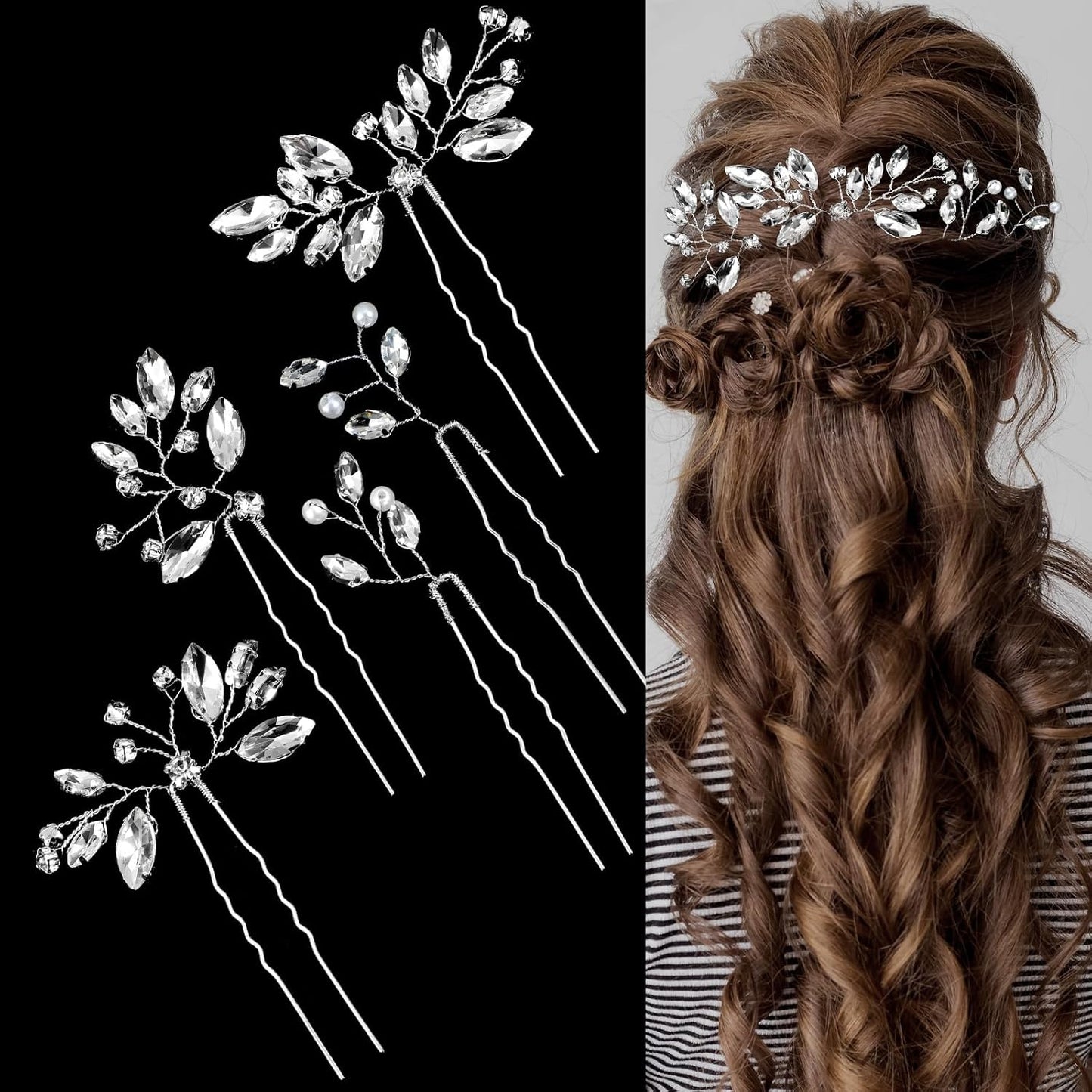 5 Pcs Rhinestone Wedding Hair Pins – Crystal Bridal Hair Accessories, Silver Flower Hair Pieces for Women