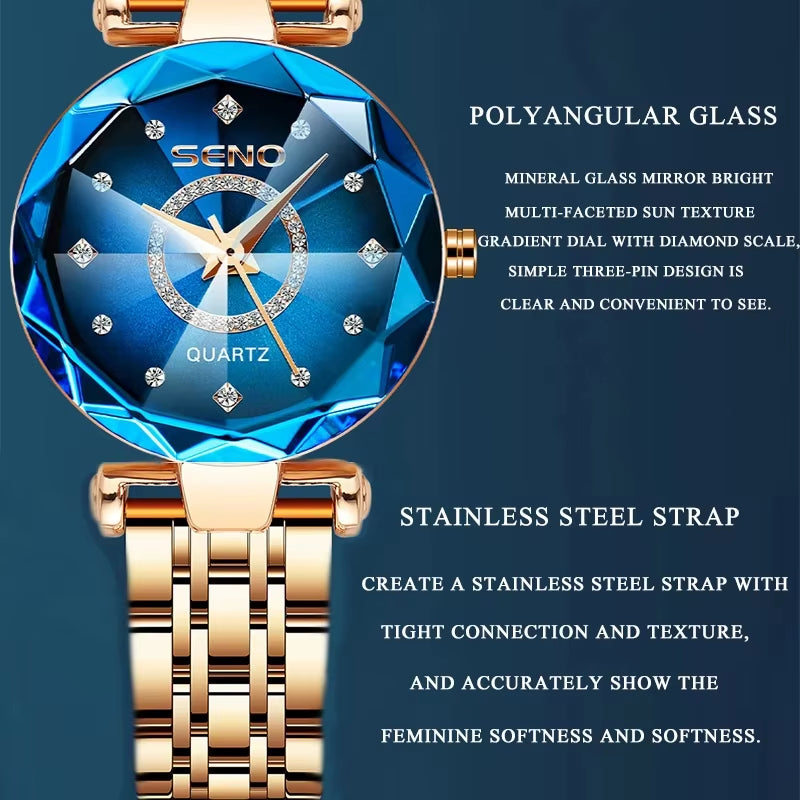 SENO Ocean Star Women Crystal Watch 2024 Top Brand Luxury Rose Gold Women Bracelet Watch for Ladies Wrist Watch Relogio Feminino