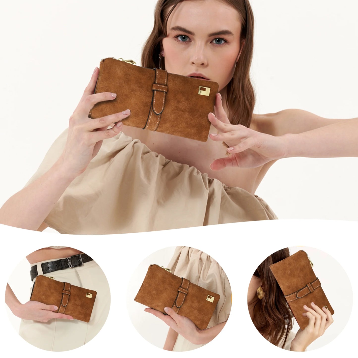 "Vegan PU Leather Long Wallet – Slim Bifold Card Holder with Snap (Brown)"