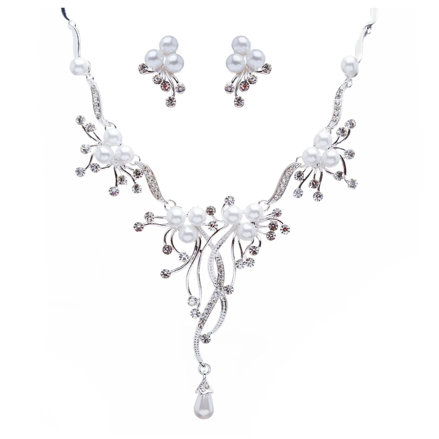 Crystal Rhinestone Pearl Bridal Jewelry Set - Floral Vine Design Necklace & Earrings