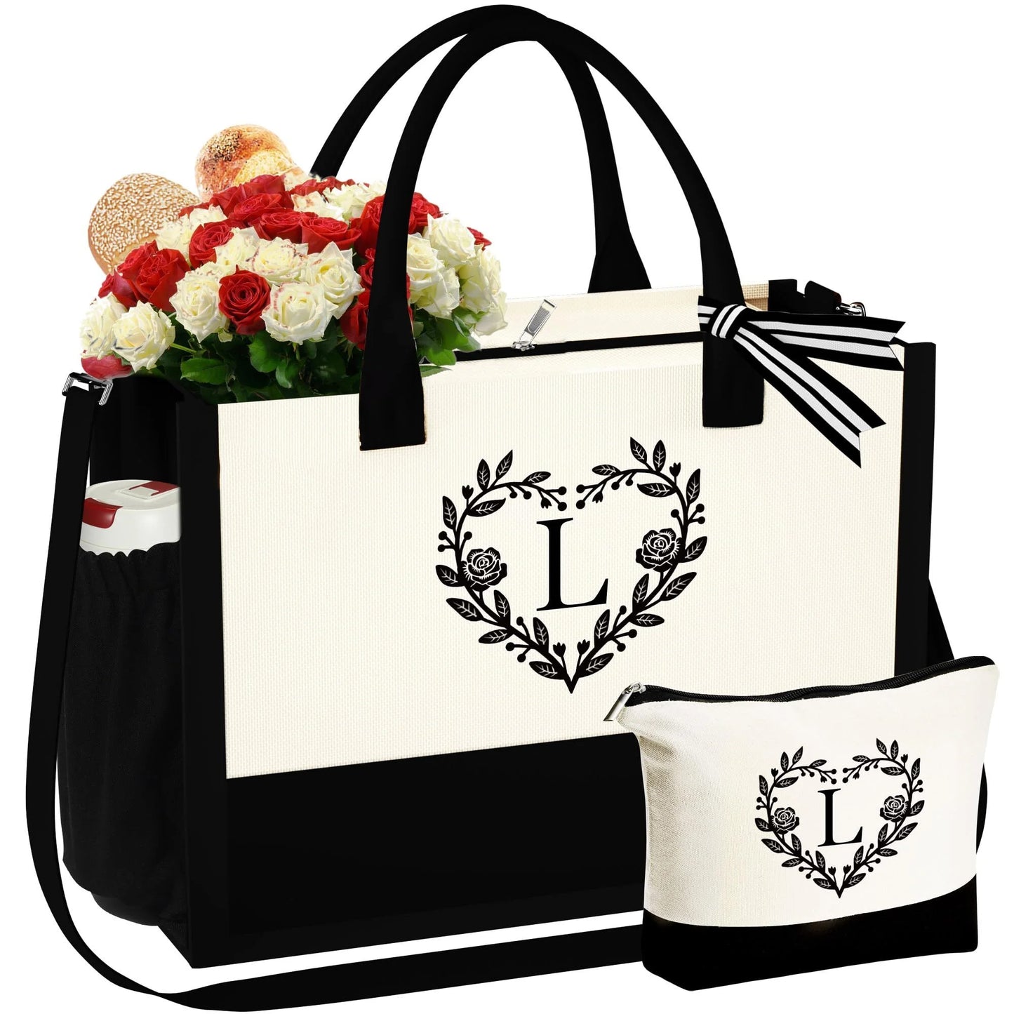 "Initial Tote Bag with Makeup Bag – Canvas Beach Bag with Zipper for Women's Birthday & Valentine's Day Gifts"