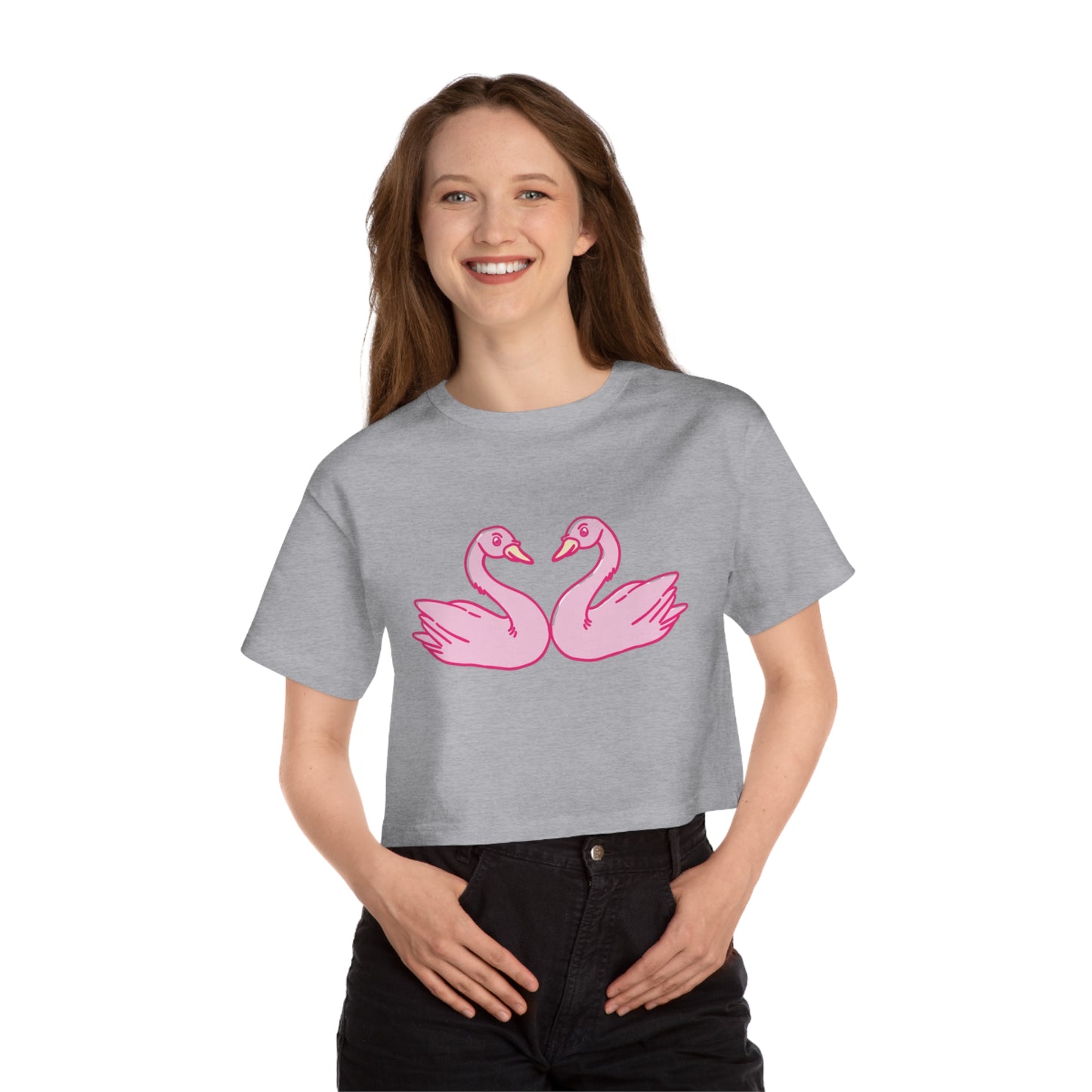 Cropped T-Shirt with Pink Swans Design - Stylish Women’s Spring Top