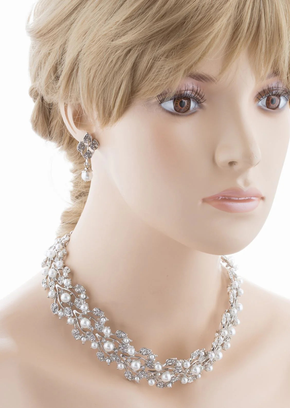 Elegant Rhinestone Pearl Jewelry Set - White Leaf Design Bridal Accessories