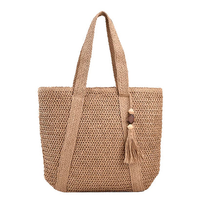 "Large Straw Beach Tote Bag – Woven Summer Handbag with Tassels for Women"