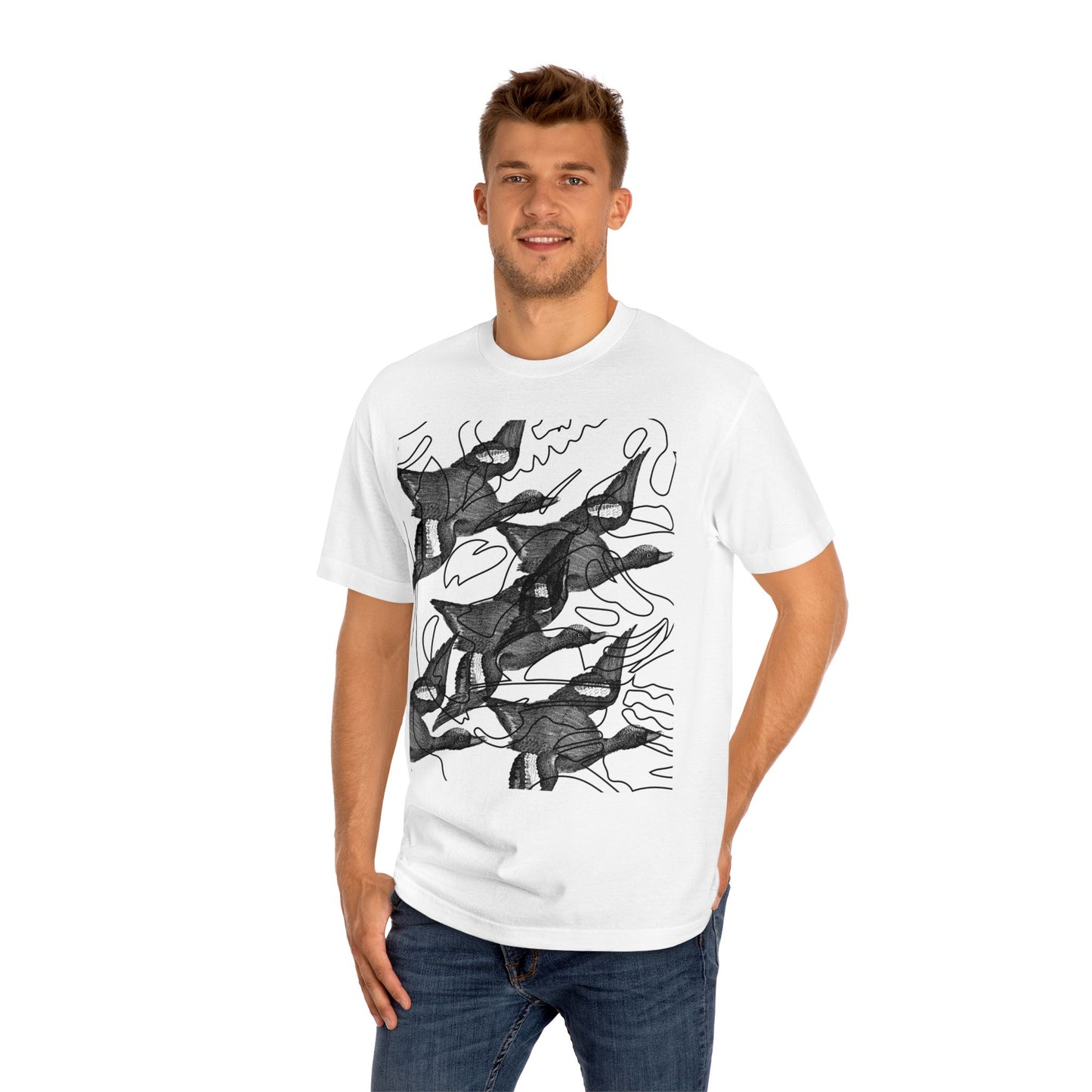 Contemporary Unisex Classic Tee with Artistic Ducks Design - Casual Creative Style