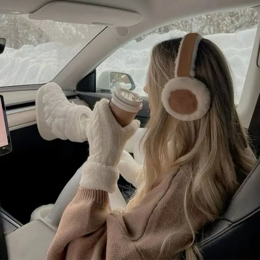 Wool Plush Earmuffs for Women – Khaki Sheepskin Fur Ear Warmers, Fashionable Winter Headphones Muffs for Warmth