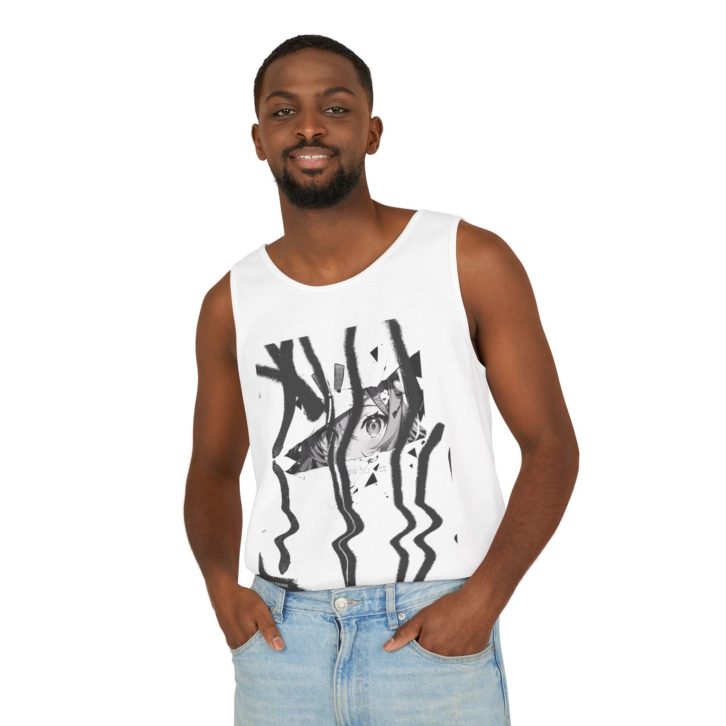 Men’s Garment-Dyed Tank Top - Abstract Eye Design for Bold Creatives