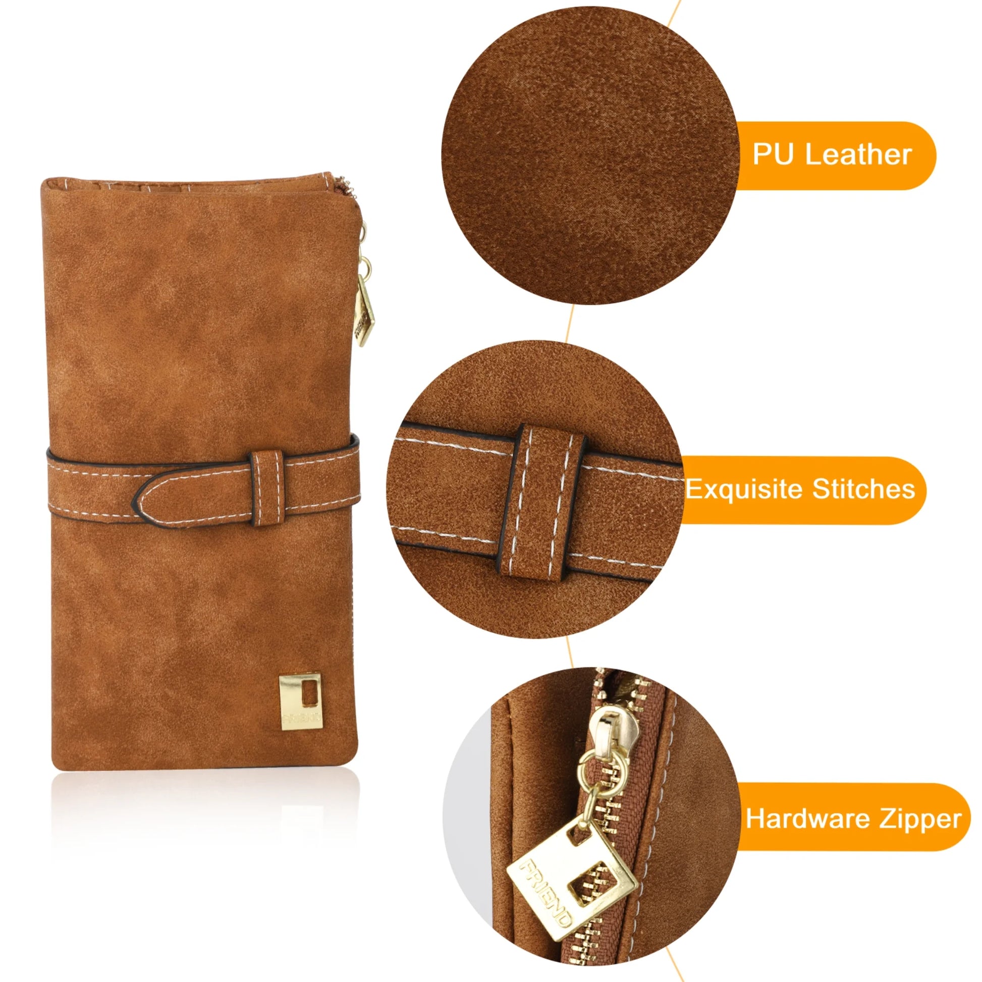 "Vegan PU Leather Long Wallet – Slim Bifold Card Holder with Snap (Brown)"