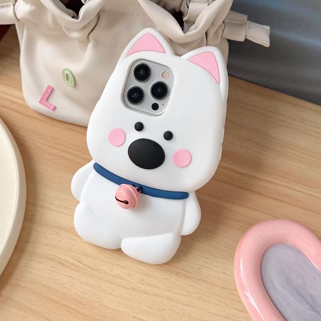 Cartoon Cute Bell Little White Dog Phone Case - Kawaii Soft TPU Protective Case for iPhone