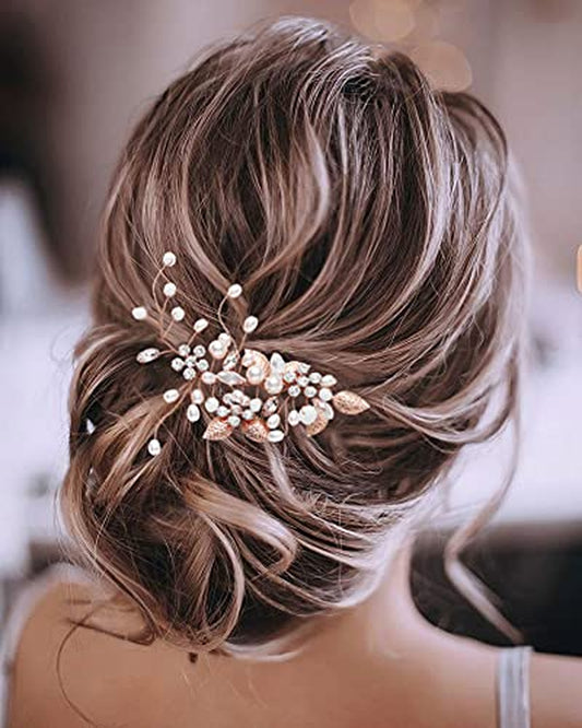 Bride Wedding Hair Vine Pearl Bridal Headpieces Leaf Hair Accessories for Women and Girls(B-Rose Gold)