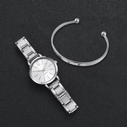 Fashion Women Elagant Watch Casual Simple Steel Strap Quartz Watch Love Bracelet 2Pcs Set Temperament Wearing Style