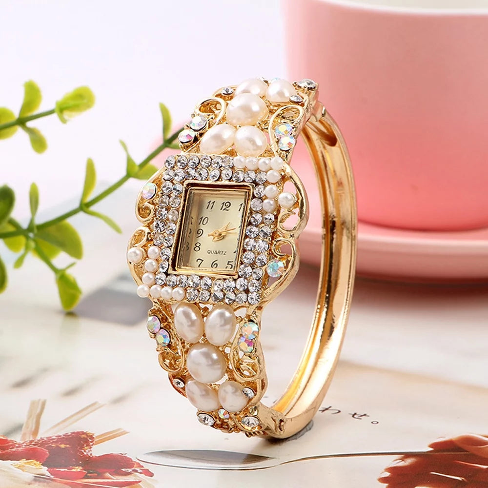 Women Bracelet Square Dial Quartz Bangle Wrist Watch Lady Diamond Pearl Jewelry Watches Gold Color