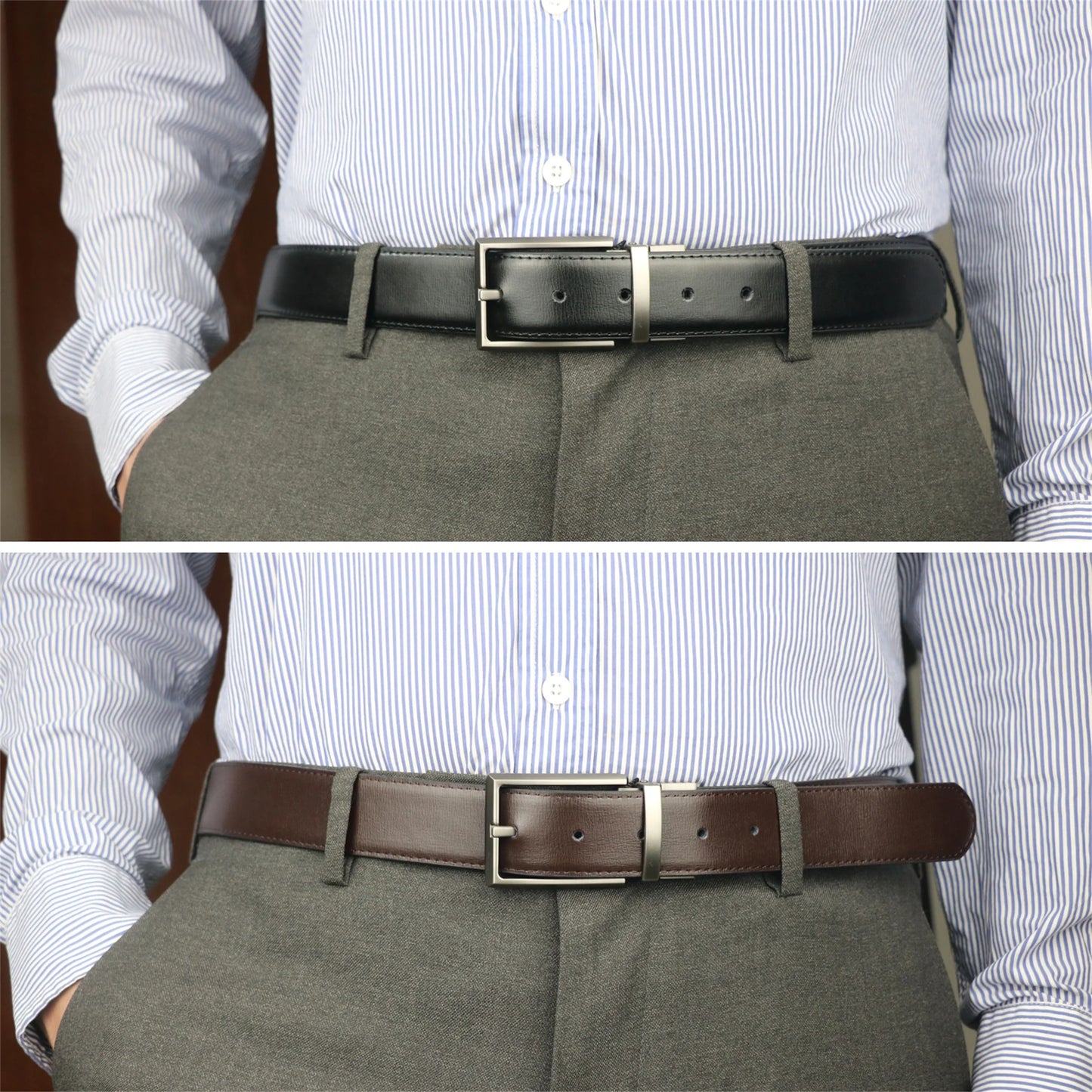 Mens Reversible Leather Belt, Dress Casual Belts for Men, One Belt Reverse for 2 Sides