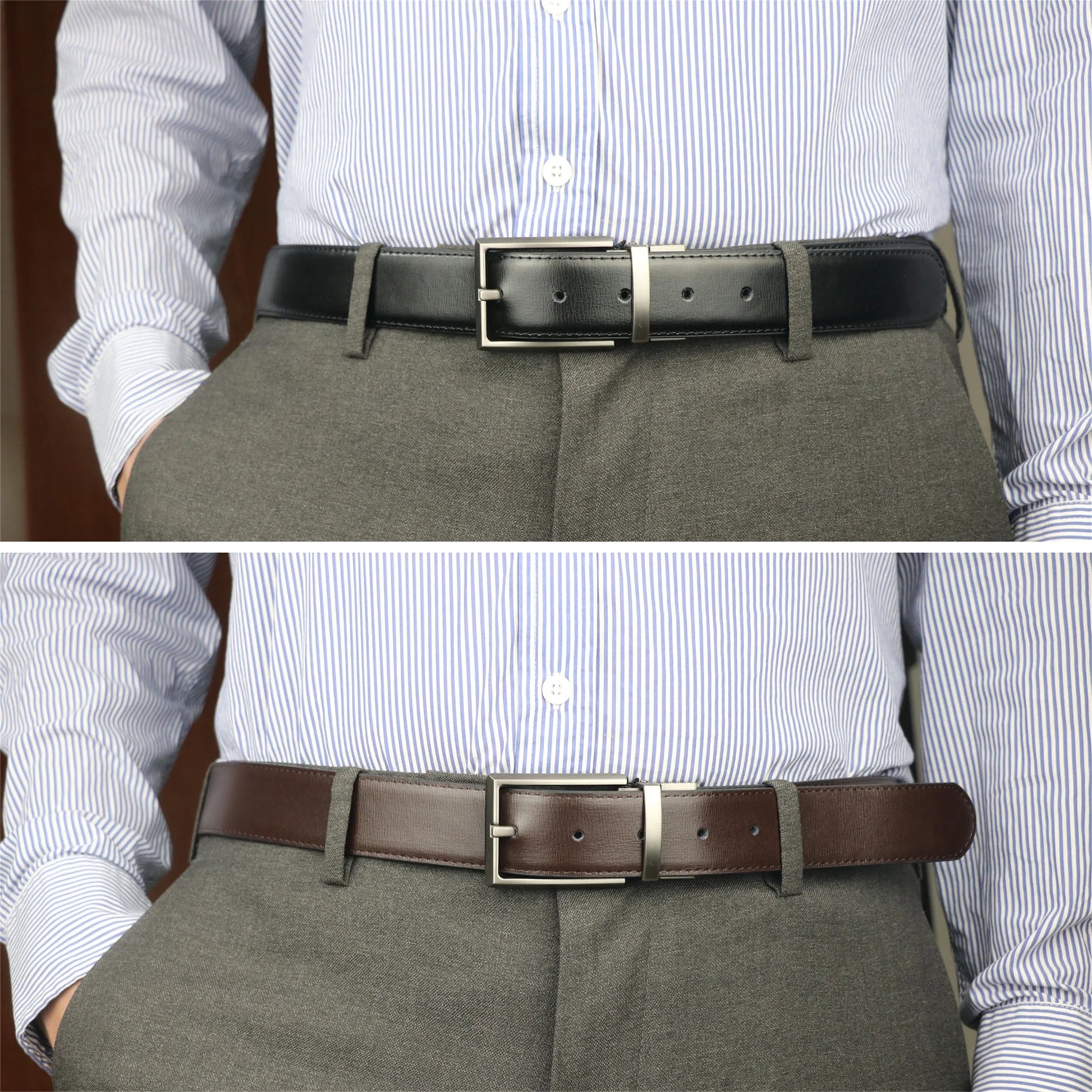 Mens Reversible Leather Belt, Dress Casual Belts for Men, One Belt Reverse for 2 Sides