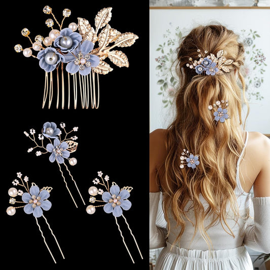 4 Pieces Wedding Flower Hair Pins – Pearl Bridal Accessories, French Rhinestone Blue Twist Flower Hair Jewelry, Vintage Hair Forks for Bridesmaids & Women (Birthday, Party)