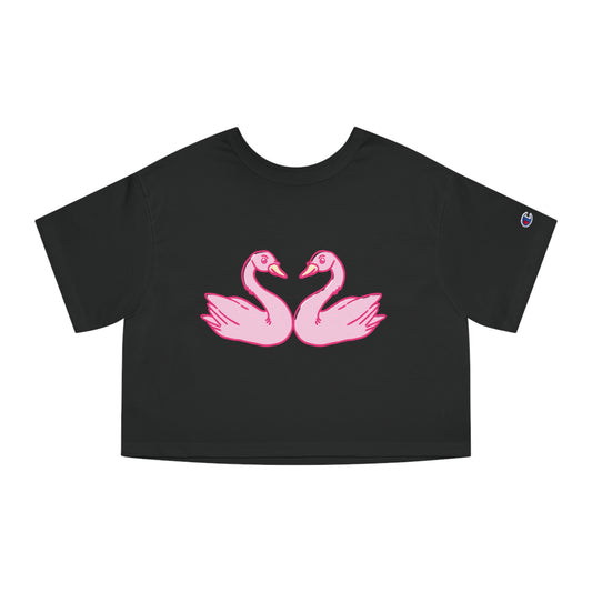 Cropped T-Shirt with Pink Swans Design - Stylish Women’s Spring Top