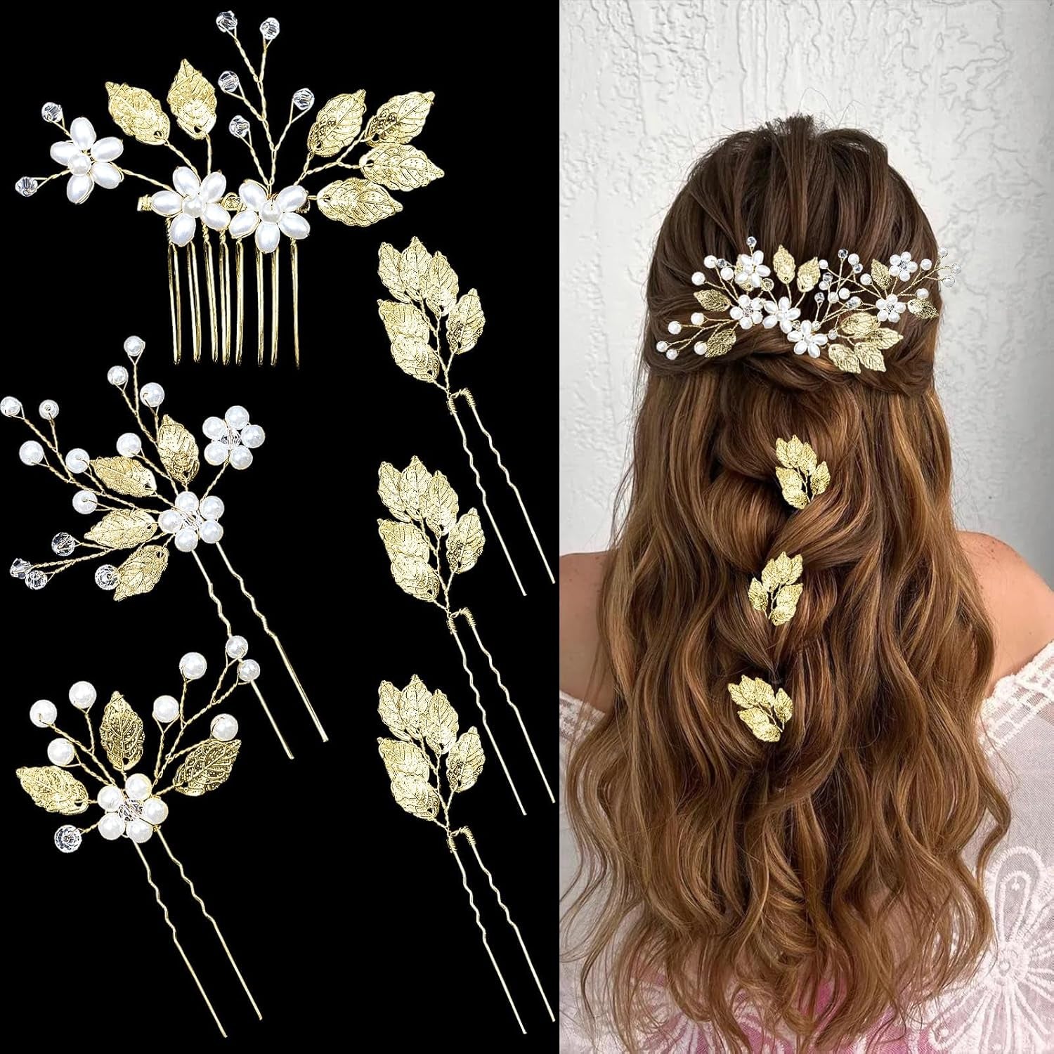 Gold Leaf Bridal Hair Comb & 5 Wedding Hair Pins – Crystal Pearl Floral Headpiece, Vintage Hair Jewelry for Brides, Bridesmaids, Women & Girls