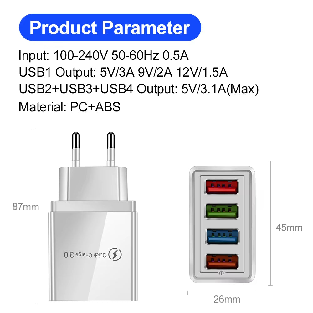 4-Port 3.1A USB Wall Charger Quick Charge QC 3.0 – Fast Charging Adapter for iPhone 14, 15 Pro, Huawei, Samsung & Multiple USB Devices