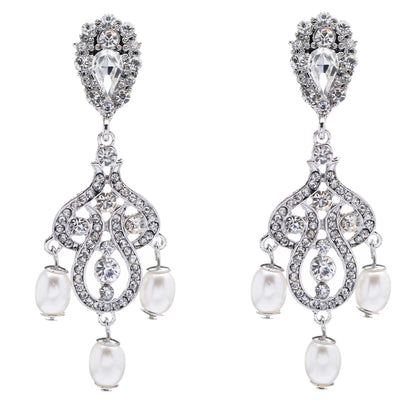 Elegant Crystal Rhinestone Pearl Vintage Dangle Earrings - White Bridal Jewelry