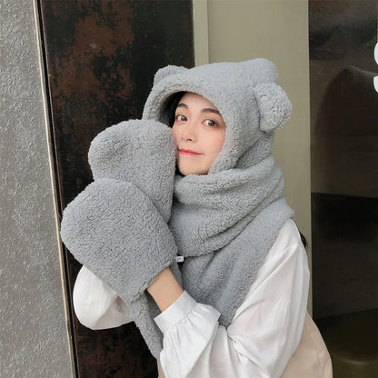 New Fashion Beanies Caps Winter Woman Scarf Cute Bear Ear Hat Girls Warm Head Hood Plush Hat Scarf Set Casual Women Bonnet Caps