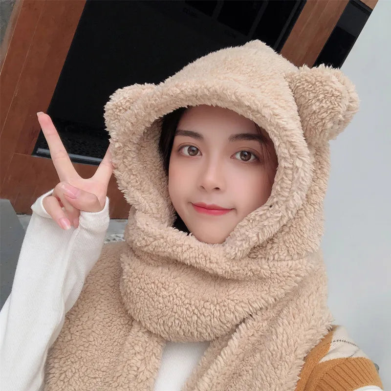 New Fashion Beanies Caps Winter Woman Scarf Cute Bear Ear Hat Girls Warm Head Hood Plush Hat Scarf Set Casual Women Bonnet Caps