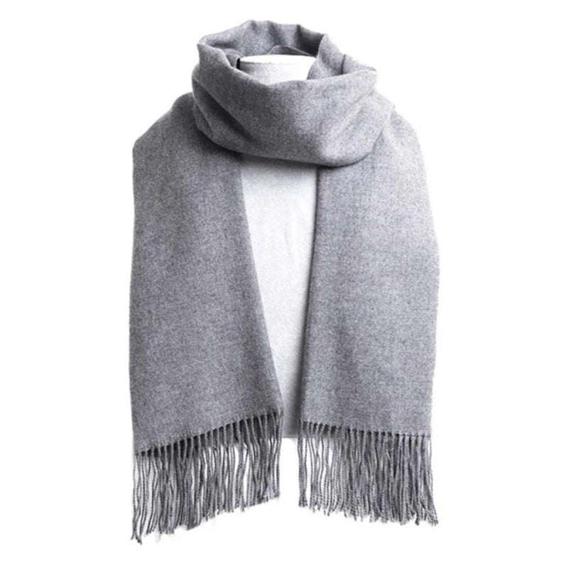 Winter Wool Scarf – Soft Cashmere Shawl with Long Tassels, Warm Solid Color Scarf for Men