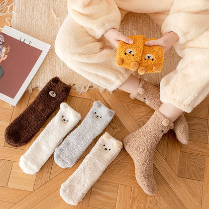 Women Winter Warm Fluffy Socks Home Floor Sleep Kawaii 3D Bear Cute Animal Thick Fleece Fuzzy Sock Japanese Fashion Korean Style