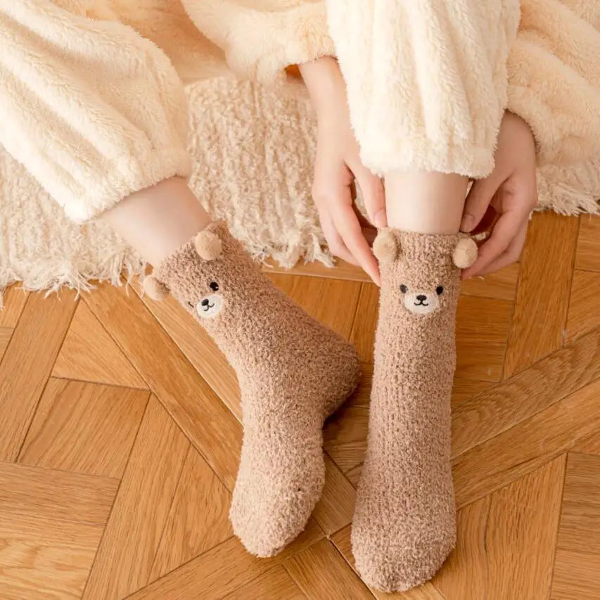 Women Winter Warm Fluffy Socks Home Floor Sleep Kawaii 3D Bear Cute Animal Thick Fleece Fuzzy Sock Japanese Fashion Korean Style