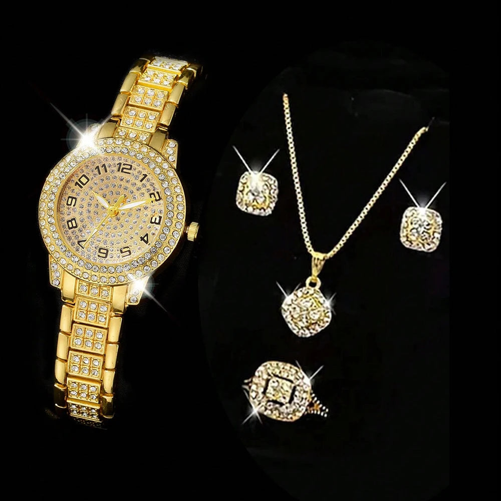 Luxury Women's Gold Watch – Fashionable Quartz Diamond Wristwatch, Elegant Bracelet Watch Set for Ladies