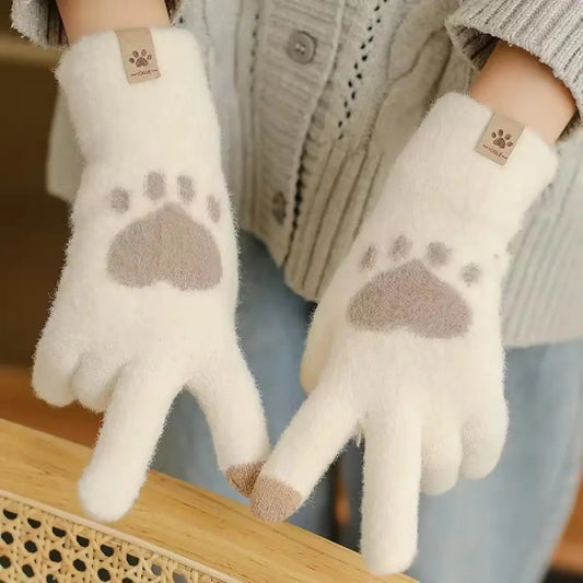 Winter Cat Paw Gloves for Women – Warm Mittens, Fashionable Touchscreen Knitted Gloves, Thick & Soft Fluffy Full Finger Gloves