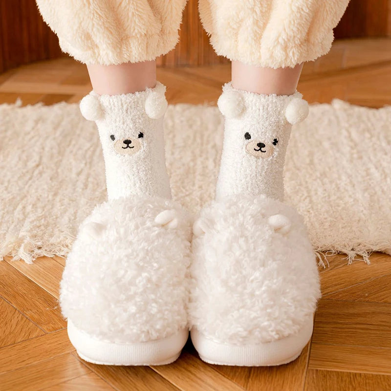 Women Winter Warm Fluffy Socks Home Floor Sleep Kawaii 3D Bear Cute Animal Thick Fleece Fuzzy Sock Japanese Fashion Korean Style