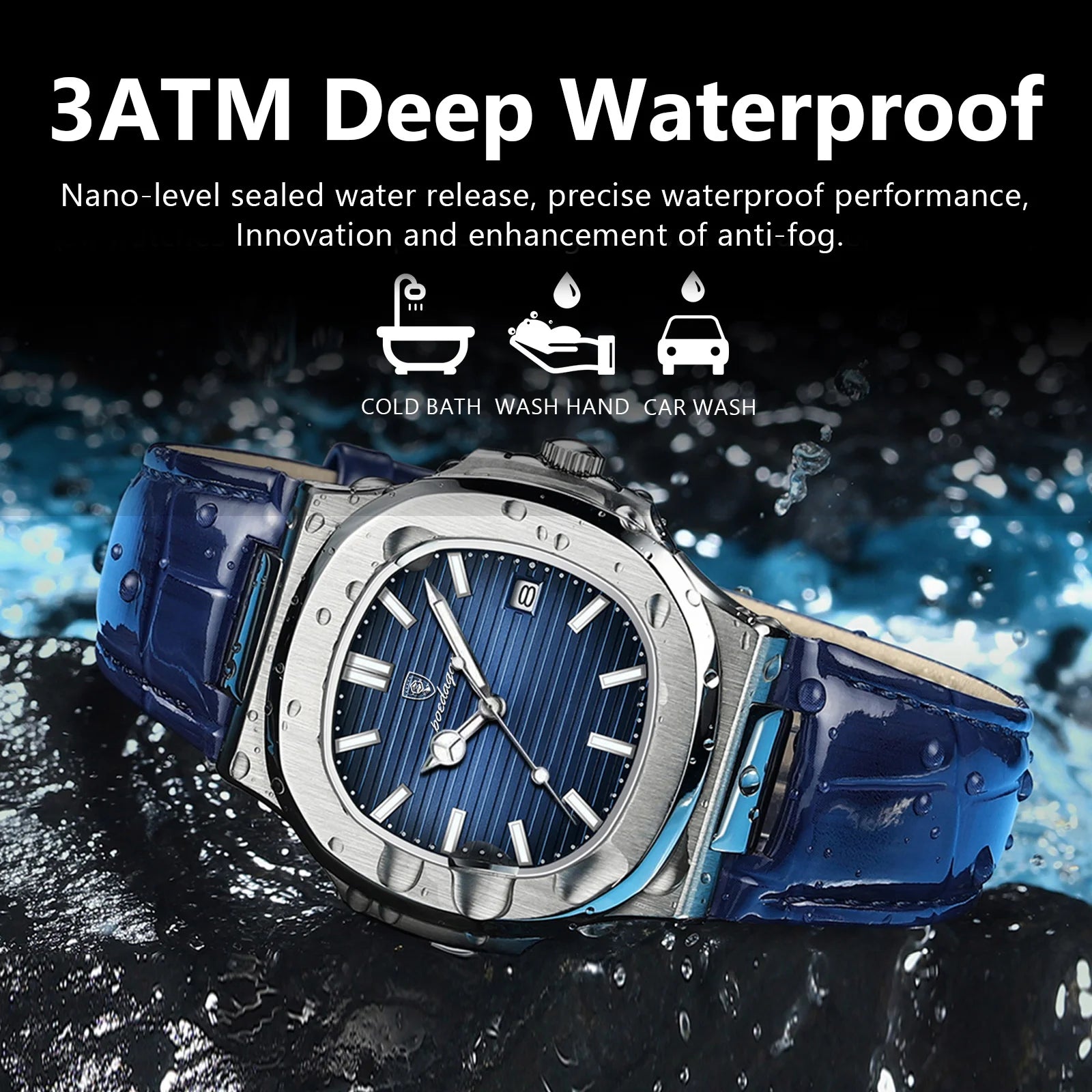 Luxury Men’s Square Watch – Waterproof Luminous Quartz Wristwatch with Leather Strap