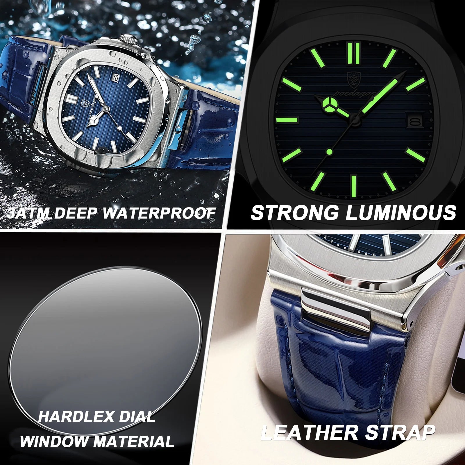 Luxury Men’s Square Watch – Waterproof Luminous Quartz Wristwatch with Leather Strap